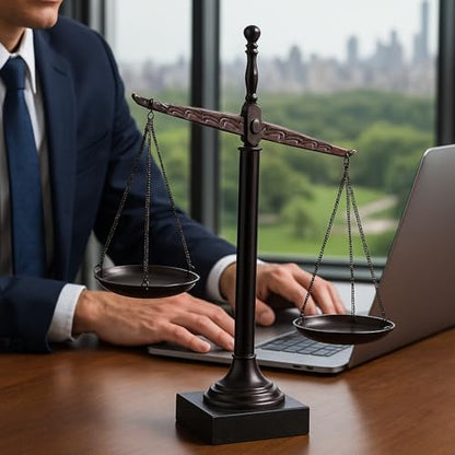 Bey-Berk Personalized “Find Your Balance” Justice Scale (Black), 16" Bronze-Finished Decorative Scale, Hand-Crafted Metal Cast on Marble Base