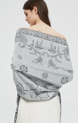 Pashmina Shawl Wrap with Ethnic Paisley Two Tone Jacquard Scarf for Women - color: Paisley-black Grey