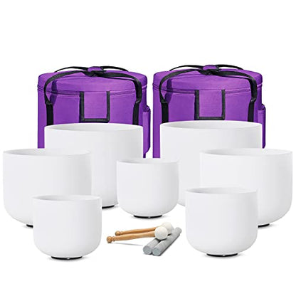 432HZ 8-14 Inch Set of 7 Pcs Frosted Chakra Quartz Crystal Singing Bowl Set for Sound Healing with Heavy Duty Carrying Cases
