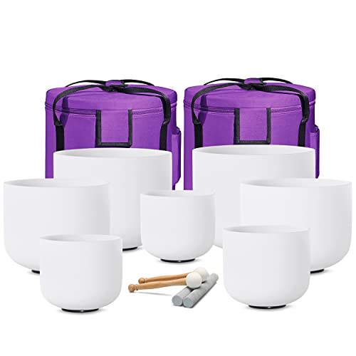 432HZ 8-14 Inch Set of 7 Pcs Frosted Chakra Quartz Crystal Singing Bowl Set for Sound Healing with Heavy Duty Carrying Cases