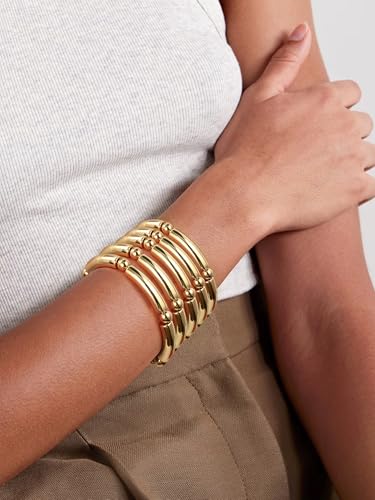 Gold Chunky Bangles Bracelets For Women 14k Gold Plated Stack Layered Curved Bamboo Tube Stretch Bracelets Gift Jewelry - color: 5pcs Gold-8mm