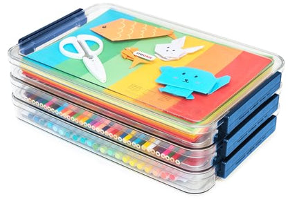 CATOOMUU Clear Portable Slim Project Case 9 X 13 Plastic Storage File Box For Letter A4 Paper Photo Documents Scrapbook, 3 Count - color: Small-Blue