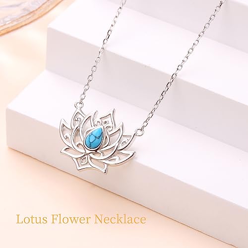 Lotus Neckalces for Women 925 Sterling Silver Moonstone/Turquoise Lotus Pendant for Girls Anxiety Stress Relieving Birthday Yoga Gifts - style: Turquoise Lotus