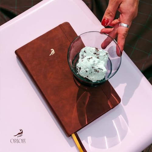 Oriole Vegan Leather Ruled Notebook - Chestnut Brown | 176 Pages of Thick Lined Paper | Soft Touch Hardcover Journal (5 x 8 in) with Gold Foil Bird Design & Luxury Gift Box - color: Chestnut Brown