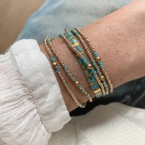 Tila Flat Beaded Stretch Bracelets for Women Stackable Gold Colorful Seed Beads Boho Bracelet Stack Adjustable Rope String Friendship Jewelry Trendy Holiday Gift - color: Green