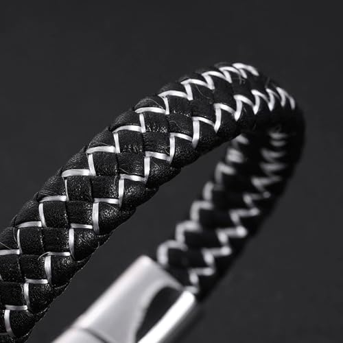 Men's Leather Bracelet, Stackable Stainless Steel Clasp Bracelets for Men Stylish Birthday, Thanksgiving, Valentine's Day Gift for My Man - style: 8" Black and White