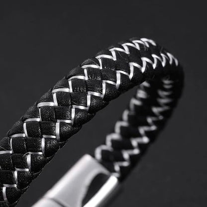 Men's Leather Bracelet, Stackable Stainless Steel Clasp Bracelets for Men Stylish Birthday, Thanksgiving, Valentine's Day Gift for My Man - style: 8" Black and White