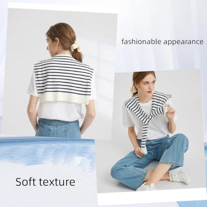 Sweater Shawl Wraps for Women Fashion Knitted Shoulder Shawls Ponchos Casual Sweaters Scarf Cape Wraps with Sleeves - color: 15 White Stripe