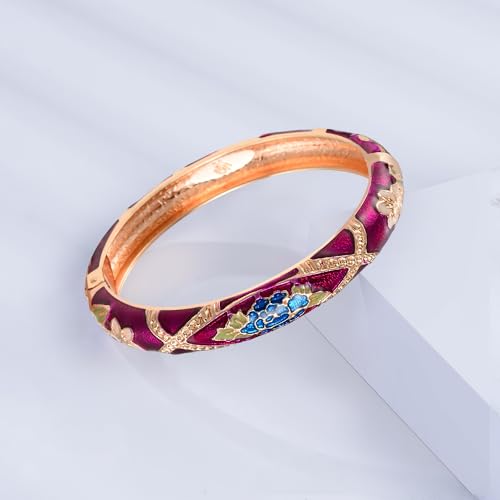 UJOY Classic Cloisonne Bracelets Enamel Jewelry Plated Bamboo Flower Cuff Metal Bangle for Women Gift Box - color: A103-2 PCS Set-White and Purple