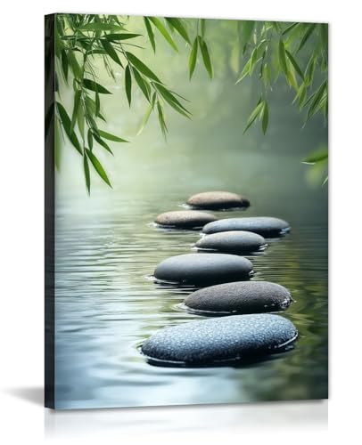 GLOKAKA Zen Canvas Wall Art Spa Stone in Water Picture Green Bamboo Painting Zen Meditation Calming Home Decor for Living Room Bathroom(Artwork-3,28"x42") - color: Artwork-3, size: 42L" x 28W"