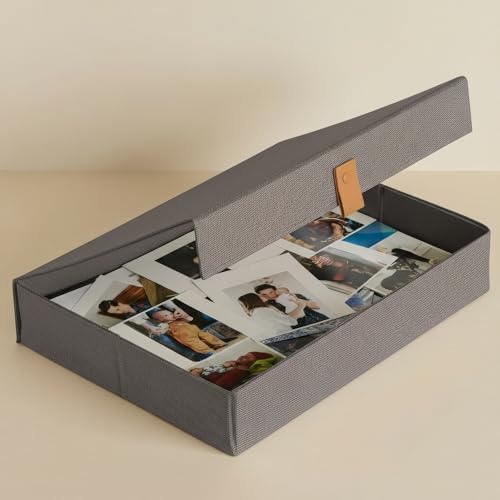 ZICOTO Decorative Photo Storage Box with Lid - A Beautiful Linen Organizer Perfect to Safely Store Your Pictures, Documents, Scrapbooking Supplies, Keepsakes and Other Memories in Style - color: Gray