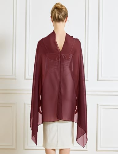 Chiffon Cape Shawl Wrap Scarf 3 Ways to Wear Elegant Sheer Capelet for Evening Dresses Weddings Parties - color: Burgundy