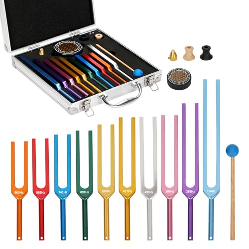 Chakra Tuning Fork Set, 10pcs Multi-Color Solfeggio Tuning Forks (174-963Hz) with Activator & Deluxe Gift Box, Aluminum Alloy Tuning Fork for Healing Set for Sound Therapy, Yoga, Meditation