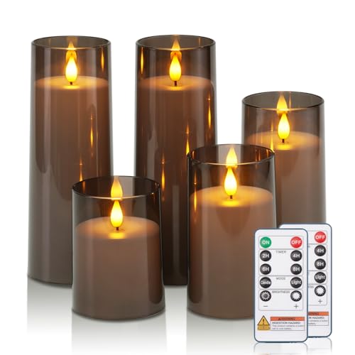 Raycare Flameless Candles Battery Operated with Remote Timer, Acrylic Flickering LED Pillar Candle for Christmas Decoration, Home Decor, Gift for Family and Friend, Grey, Set of 5 - color: Grey-5pcs
