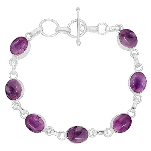 Oval Shape Natural Gemstones Statement Bracelet for Women - 925 Silver Plated Handmade Birthstone Bohemian Vintage Style Women's Jewelry Gifts for Wedding Anniversary Christmas Valentine's Day - color: Amethyst