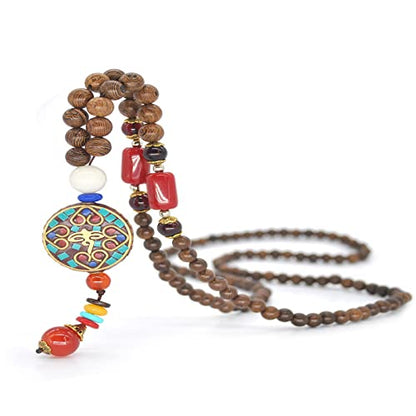 Boho Nepal Mala Wood Bead Fish Elephant Long Pendant Necklace for Women Friend Vintage Chunky Wooden Rosary Statement Sweater Chain Necklace Handmade Ethnic Meditation Prayer Jewelry