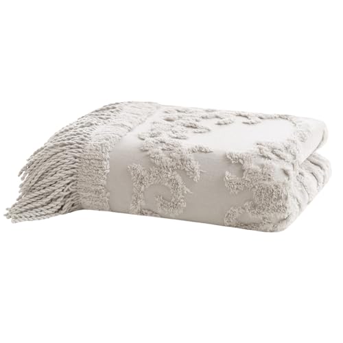 Madison Park 100% Cotton Tufted Chenille Design With Fringe Tassel Luxury Elegant Chic Lightweight, Breathable Cover, Luxe Cottage Room Décor Summer Blanket, 50" x 60", Grey - color: Grey