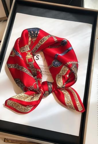 ANDANTINO 100% Mulberry Silk Scarf -21” Lightweight Square Neckerchief – Breathable Digital Printed Scarves with Gift Packed - color: Chains-gold&red