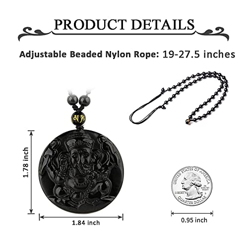 Black Obsidian Necklace Natural Crystal Amulet Protection Pendant with Adjustable Rope Lucky Talisman Necklaces Jewelry Gift for Men Women - color: Ganesha A
