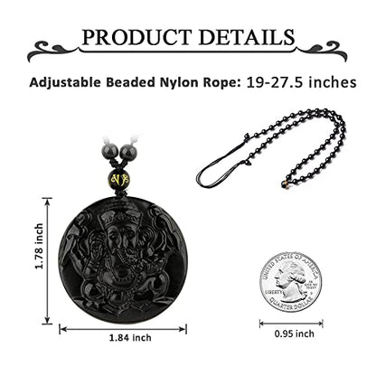 Black Obsidian Necklace Natural Crystal Amulet Protection Pendant with Adjustable Rope Lucky Talisman Necklaces Jewelry Gift for Men Women - color: Ganesha A
