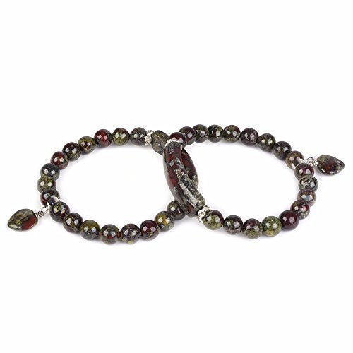 Justinstones Gem Semi Precious Gemstone Love Heart Charm Stretch Beaded Bracelet Unisex - color: Dragon Blood Jasper