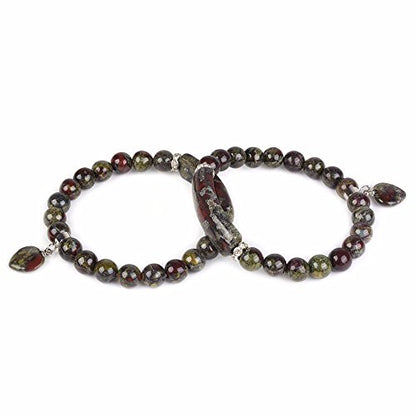 Justinstones Gem Semi Precious Gemstone Love Heart Charm Stretch Beaded Bracelet Unisex - color: Dragon Blood Jasper