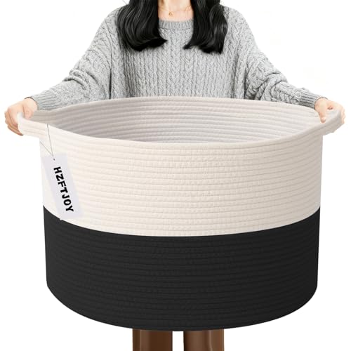 90L Extra Large Blanket Basket,Rope Woven Storage Basket with Handles, Laundry Hamper for Toys, Clothes, Pillows & Towels, Perfect for Living Room, Nursery & Bedroom,White&Black - color: White&Black, size: 21.7"L x 21.7"W x 13.8"H（90L)