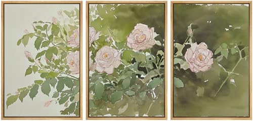 wall26 Framed Print Wall Art Set Blush Pink Rose Garden Botanical Decorative Minimal Relax/Zen for Living Room, Bedroom, Office - 16"x24"x3 NATURAL - color: A18-2601-M01, size: 16" x 24" x 3 Panels NATURAL