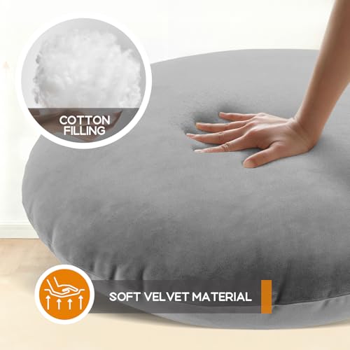 32 Inch Round Floor Pillow, Large Thick Meditation Cushion for Adults with Velvet Cover, Supportive Floor Seating for Yoga Lounge Living Room, 13 Inch Thick Padding, Grey