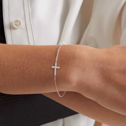 Tewiky Waterproof Gold Bracelets for Women Non Tarnish - Dainty Stack 14K Gold Plated/Sterling Silver Chain Bracelets Set Adjustable Trendy Jewelry for Women - style: silver CZ cross bracelet