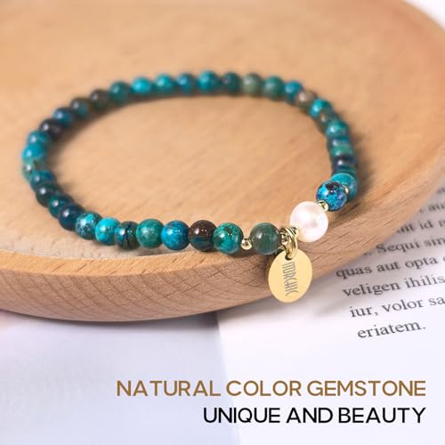 Morchic 4mm Natural Gemstone Beads Stretch Bracelet for Women, With Freshwater Pearls, Energy Gem Birthday Gift for Her 7.2” - color: Peru Turquoise