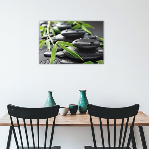GLOKAKA Zen Black Stone Green Bamboo Wall Art Minimalist Asian-Inspired Painting Print Serene Nature Decor for Living Room Bedroom Office Meditation Space(Artwork-3,28"x42")
