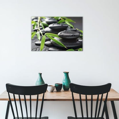 GLOKAKA Zen Black Stone Green Bamboo Wall Art Minimalist Asian-Inspired Painting Print Serene Nature Decor for Living Room Bedroom Office Meditation Space(Artwork-3,28"x42")