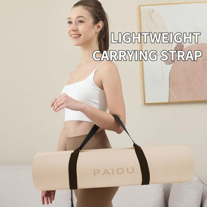 PAIDU Yoga Mat Non Slip Anti-tear,extra thick-2/5 inch（10MM）High Resiliency Professional POE Yoga Mats for Women Men Kids,72"x24"inch,Workout, Yoga, Pilates and Floor Exercise, with Carrier Strap - color: Beige+Black.