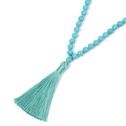 8MM Beads Chakra Long Mala Necklace Natural Stone Meditation Statement Necklace Japa Yoga Buddhist Rosary Prayer Charm Beaded Tassel Necklace - color: Turquoise