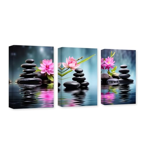 CXHOSTENT 3 Panels Zen Canvas Wall Art Black Zen Stone Pink Lotus Flower Pictures Spa Painting Print Meditation Spirit Bathroom Decor Frame (Zen - 2, 24x36inchx3Pcs) - color: Zen - 2, size: 24x36inchx3Pcs