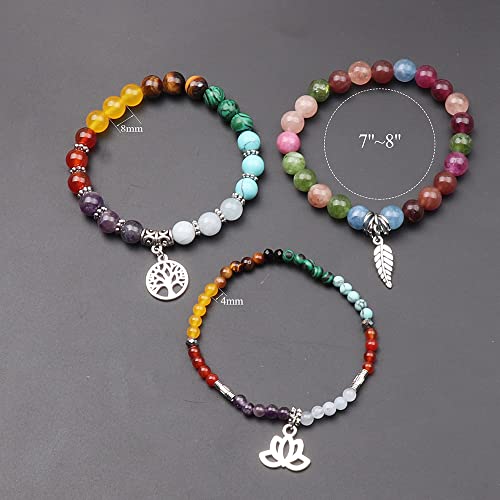 Tree of Life Yoga Healing Stone Bracelets,Multilayer Lotus Chakra Stone Reiki Bracelet Sets,Anxiety Crystal Natural Stone,for Women Stress Relief - style: Chakra+colorful tourmaline