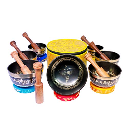 Chakra Healing Tibetan Singing Bowl Sets 7 Sets of Meditation Bowls From Nepal (Black painted)