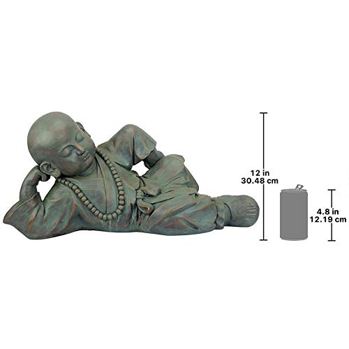Design Toscano Resting Serene Baby Monk Asian Boy Garden Statue, 24 inches Wide, 12 inches Tall, Cast Stone Resin, Green Bronze Finish