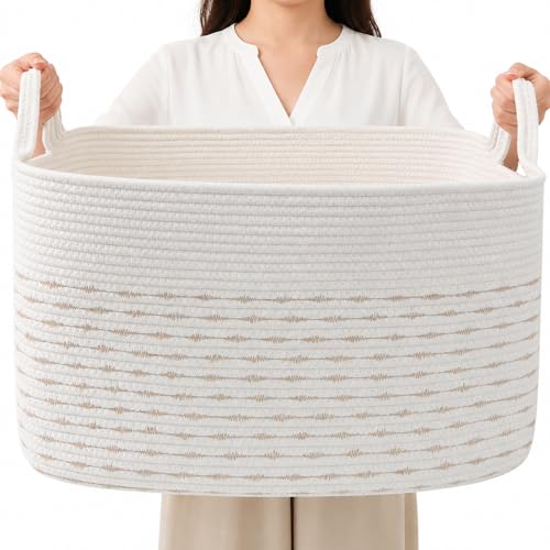 96L Large Blanket Basket,24"x16"x15"Rectangle Storage Bin with Handles,Woven Rope Laundry Basket for Toys, Clothes,Magazines,Home Organization,Nursery,Living Room & Bedroom,White&Yellow - color: White & Yellow, size: 24"x16"x15"(96L)