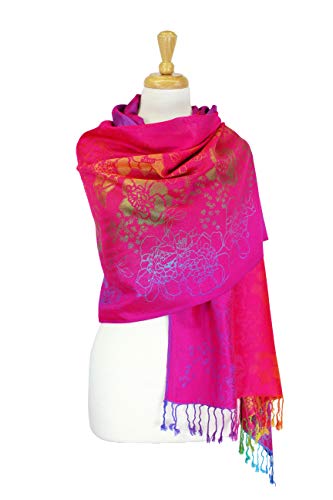 PASKMLNA Double Side Multi Colors Silky Tropical Colorful Exotic Pashmina Wrap Shawl Scarf Rave - color: 051-hotpink Multi Feathers
