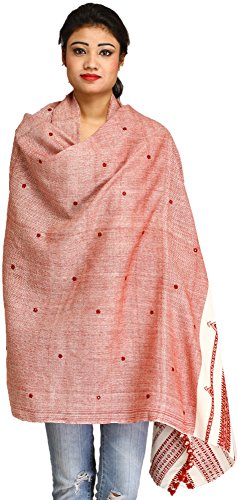Exotic India Shawl from Kutch with Embroidered Mirrors - Pure Wool - color: Ash Rose