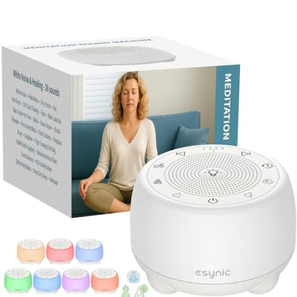 eSynic Rechargeable Tibetan Singing Bowl for Meditation-38 Sounds White Noise Machine with Night Light & 30H Battery-15-90 Timer-Wireless-Sound Healing Device for Yoga Sleep Therapy Stress Relief