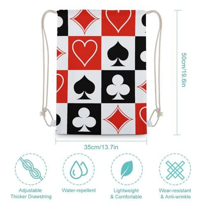Suits Hearts Diamonds Clubs Spades Grid Poker Playing Cards Portable Canvas Drawstring Backpack with Drawstring Pockets 35x50cm - color: Suits Hearts Diamonds Clubs Spades Grid Poker, size: 35x50cm