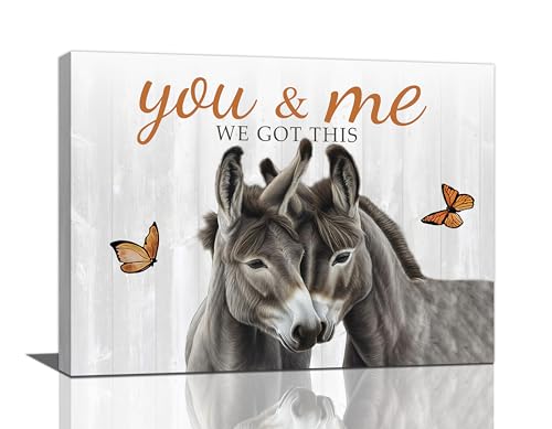 yerretin Farmhouse Donkey Wall Art Country Love Pictures Wall Decor Rustic Animal Canvas Painting Home Decoration Artwork for Bathroom Bedroom Living Room Office Framed 16"x12" - color: white, brown, size: 16"L x 12"W