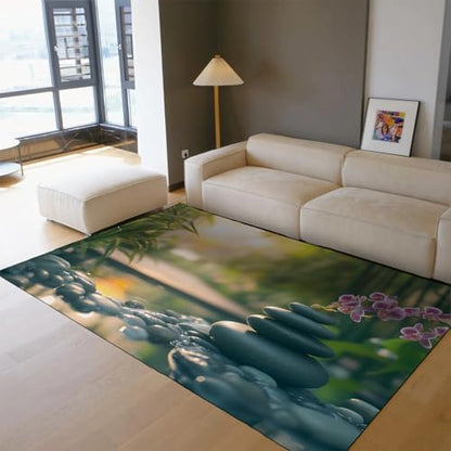 Spa Stone Area Rug Washable Non Slip Oriental Flowers Bamboo Green Rugs for Meditation Room Soft Indoor Natural Decor Carpet 4'7" x 6'7" - size: 4'7" x 6'7" (Rectangular)