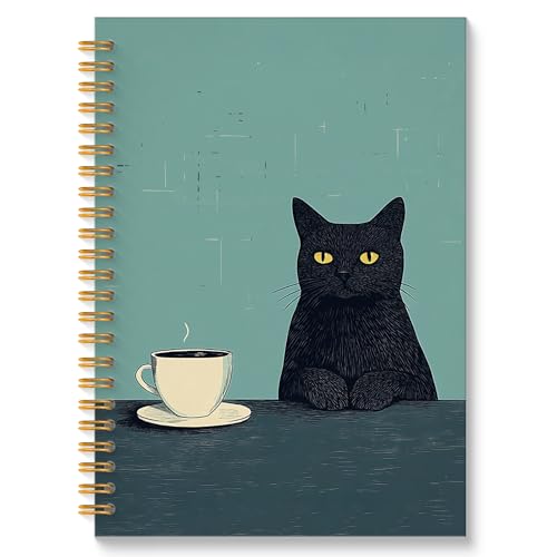 ROXMART Vintage Coffee Black Cat Spiral Notebook Journal, Cat Lover Mom Lady Gifts for Women, Funny Black Kitty Kitten with Coffee Hardcover Notebook Journal, 5.5x8.3 Inch - color: Style09