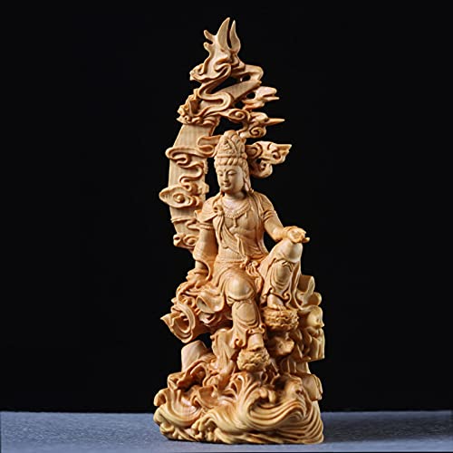 LQX Sculpture Tabletop Sculpture Sculpture Buddha Statue Boxwood 17cm Guanyin Sculpture Wood Goddess of Mercy Buddha Statue Moon Guan Yin Decor Sculpture Buddha Statue Ornaments Decorative Statue