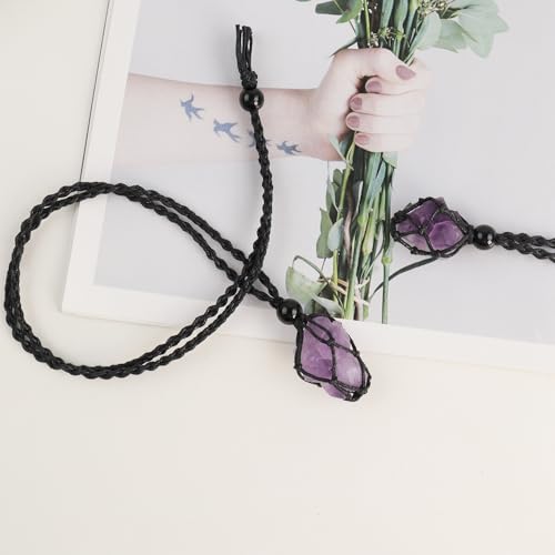 Natural unprocessed crystal raw stone hand woven rope adjustable necklace pendant for both men and women - color: A-Amethyst cluster 1
