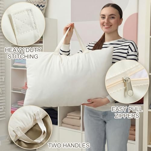 2 Pack 100% Cotton 20"x 30" Canvas Travel Pillow Storage Bag with Handles for Home Travel Beddings Comforters Blankets Saree Linens Organizer Thick Soft Breathable Closet Organizer Bag